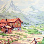 vintage mountain house painting